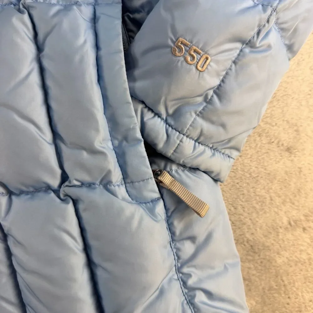 North Face Girls 550 Down Puffer Jacket Hooded Periwinkle Blue Size Large